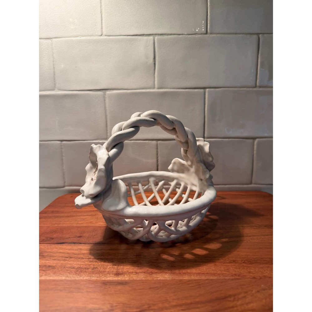 Vintage Studio Pottery Woven Ceramic Basket with Flowers